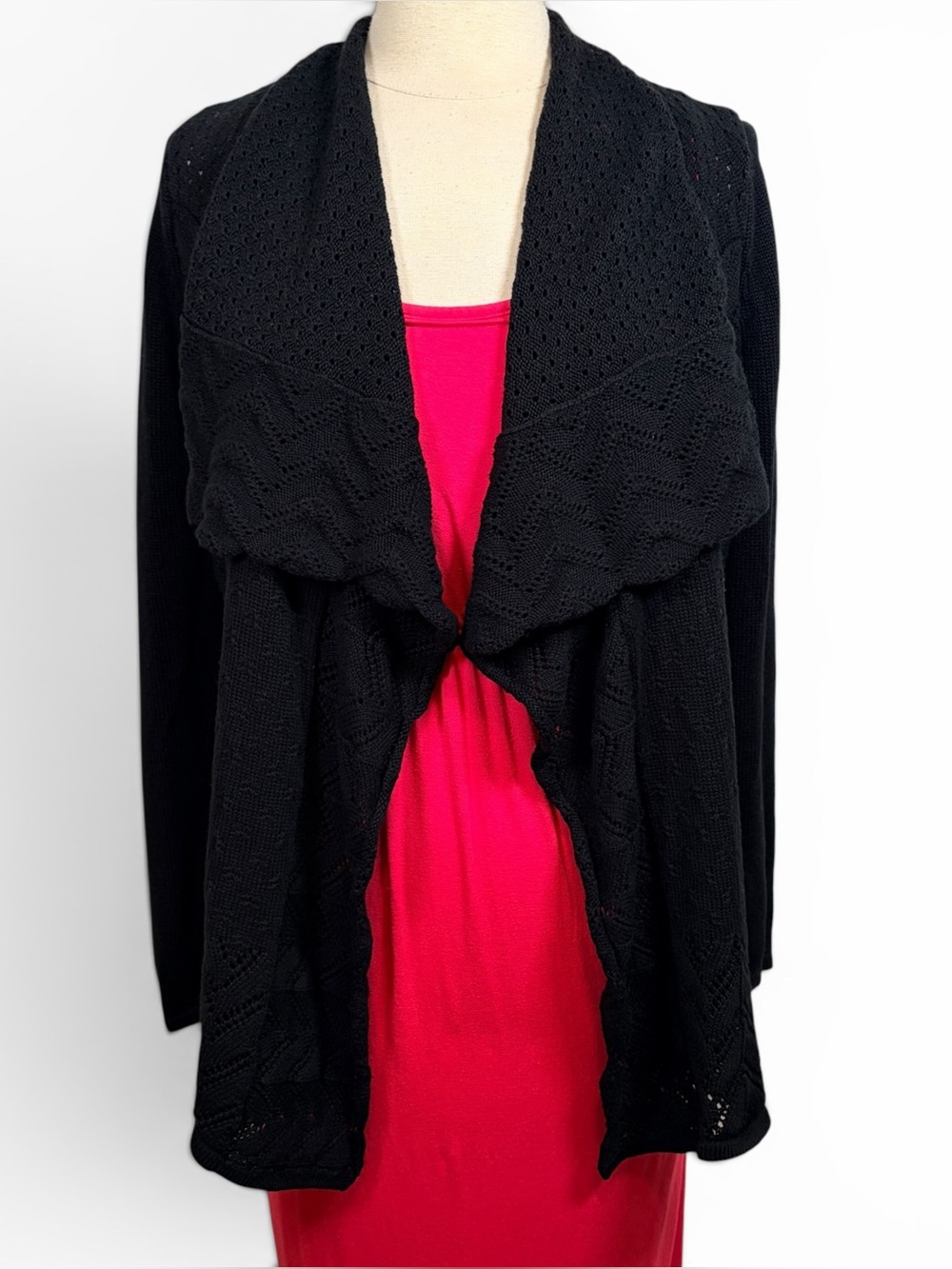 DESIGN HISTORY Black Crochet Waterfall Front Cardigan, Large